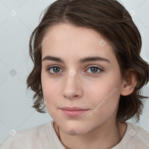 Neutral white young-adult female with medium  brown hair and brown eyes