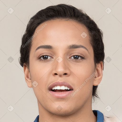 Joyful white young-adult female with short  brown hair and brown eyes