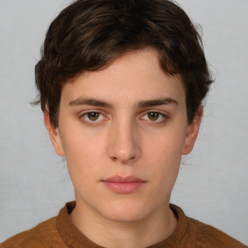 Neutral white young-adult female with short  brown hair and brown eyes