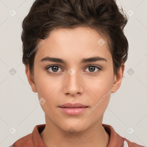 Neutral white young-adult female with short  brown hair and brown eyes