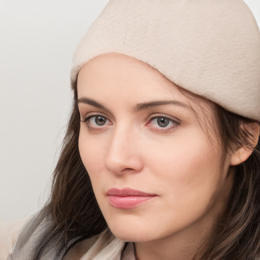 Neutral white young-adult female with medium  brown hair and brown eyes