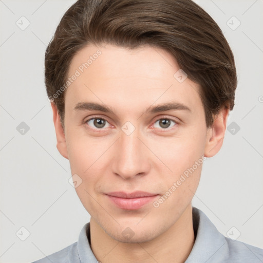 Neutral white young-adult male with short  brown hair and grey eyes