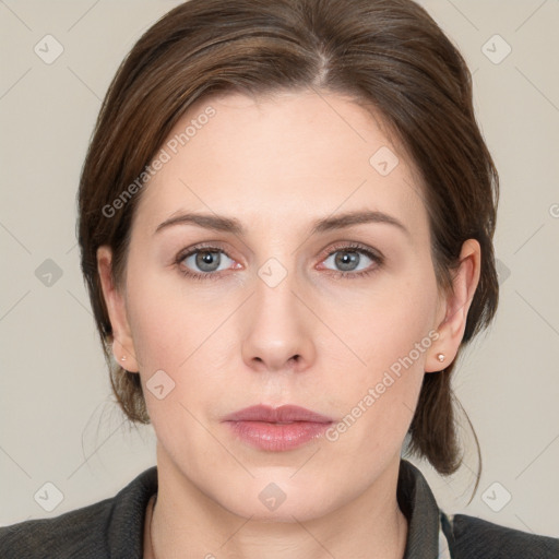 Neutral white young-adult female with medium  brown hair and grey eyes