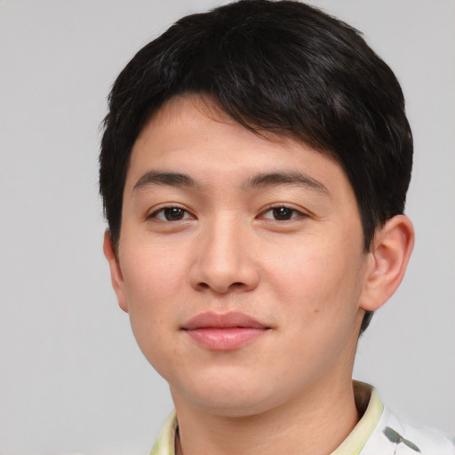 Neutral asian young-adult male with short  brown hair and brown eyes