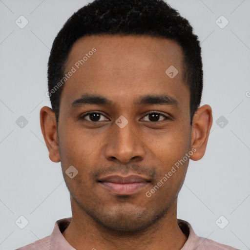 Neutral latino young-adult male with short  black hair and brown eyes