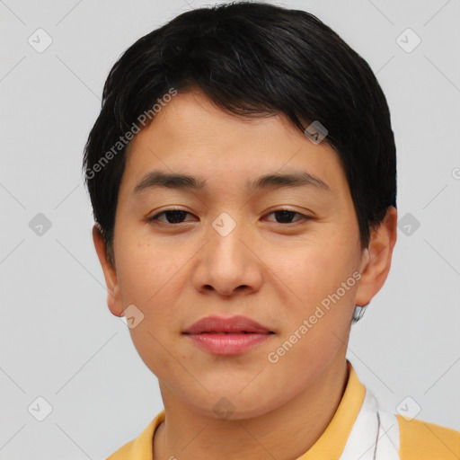 Joyful asian young-adult female with short  brown hair and brown eyes