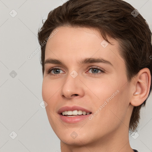 Joyful white young-adult female with medium  brown hair and brown eyes