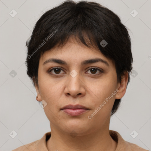 Neutral asian young-adult female with short  brown hair and brown eyes