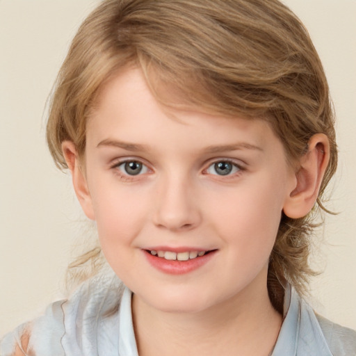 Joyful white child female with medium  brown hair and blue eyes