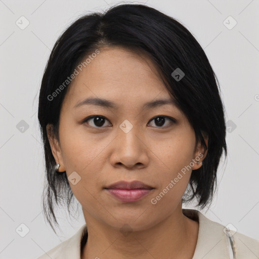 Joyful asian young-adult female with medium  black hair and brown eyes