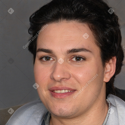 Joyful white adult female with short  brown hair and brown eyes