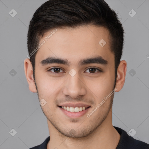 Joyful white young-adult male with short  brown hair and brown eyes