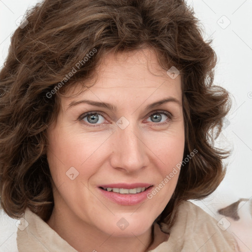 Joyful white young-adult female with medium  brown hair and green eyes