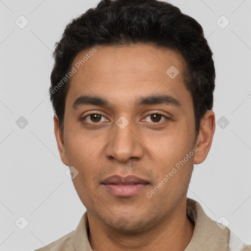 Neutral latino young-adult male with short  black hair and brown eyes