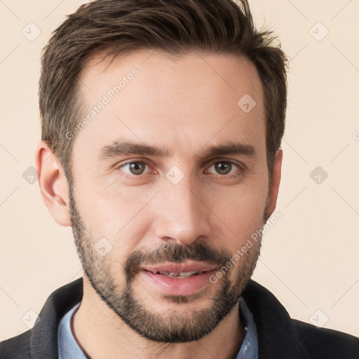 Joyful white young-adult male with short  brown hair and brown eyes