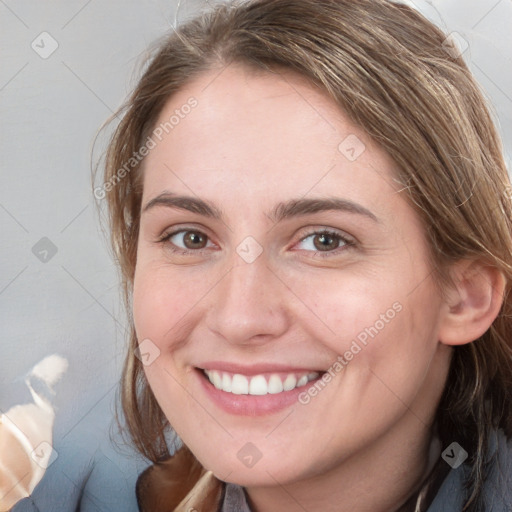 Joyful white young-adult female with medium  brown hair and blue eyes