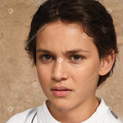 Neutral white young-adult female with medium  brown hair and brown eyes