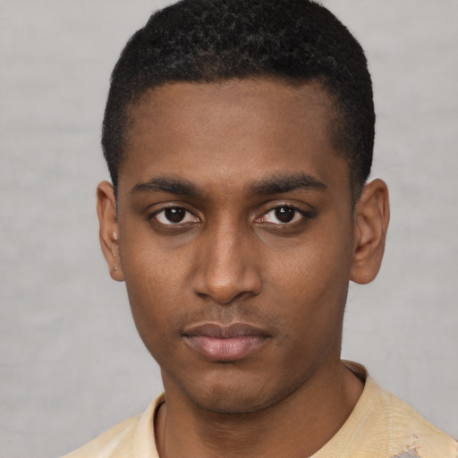 Neutral black young-adult male with short  black hair and brown eyes