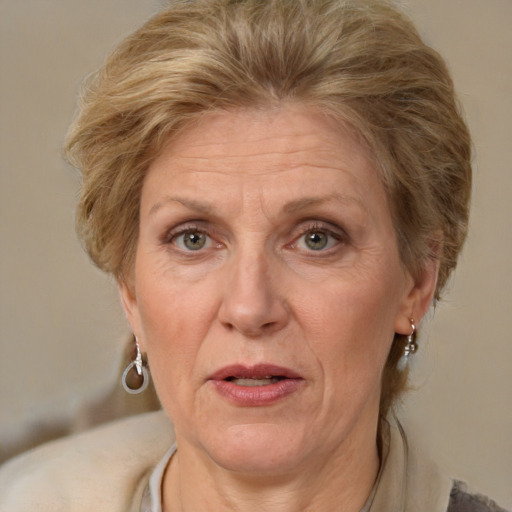 Joyful white middle-aged female with medium  brown hair and grey eyes