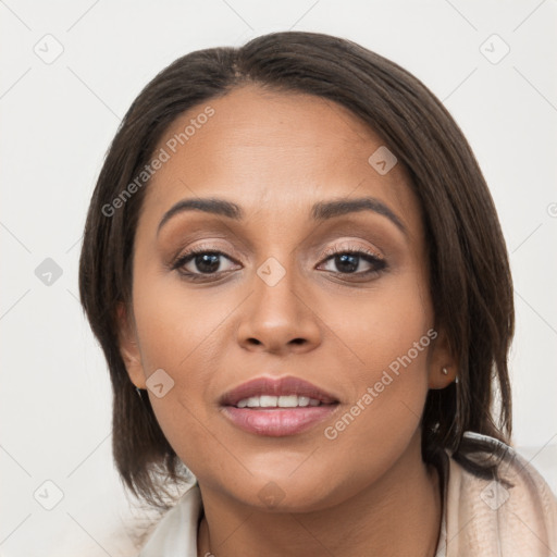 Joyful white young-adult female with medium  brown hair and brown eyes