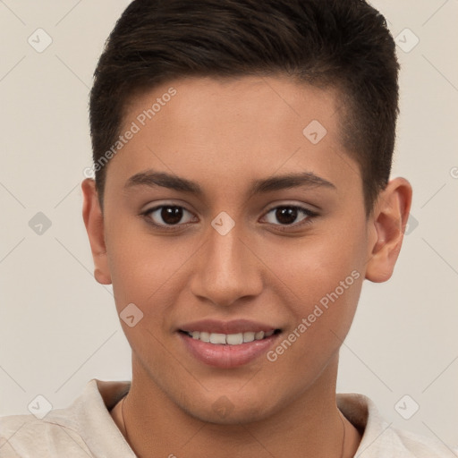 Joyful white young-adult female with short  brown hair and brown eyes