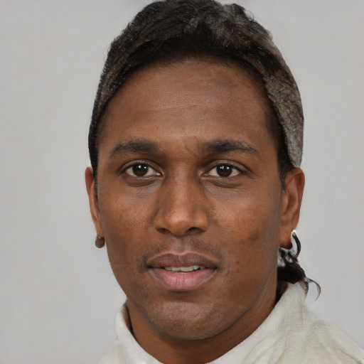 Neutral black adult male with short  brown hair and brown eyes