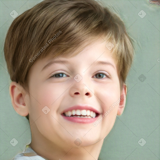 Joyful white child male with short  brown hair and grey eyes