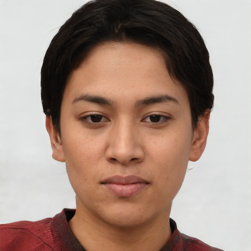 Neutral white young-adult female with short  brown hair and brown eyes