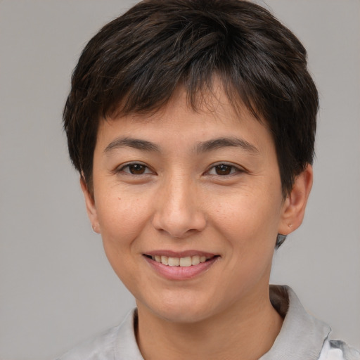 Joyful asian young-adult female with short  brown hair and brown eyes