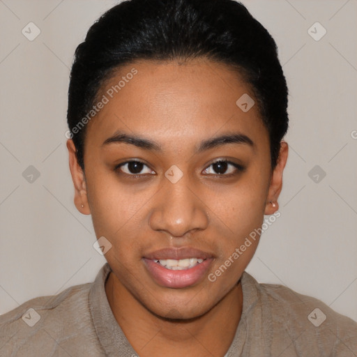 Joyful latino young-adult female with short  black hair and brown eyes