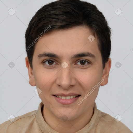 Joyful white young-adult male with short  brown hair and brown eyes