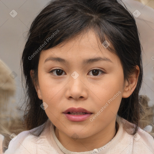 Joyful white child female with medium  brown hair and brown eyes