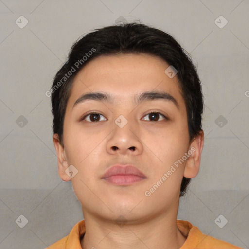 Neutral asian young-adult male with short  brown hair and brown eyes