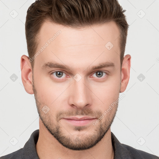 Neutral white young-adult male with short  brown hair and grey eyes