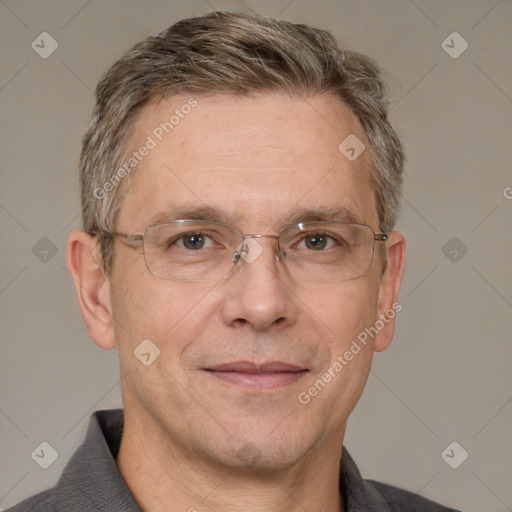 Neutral white middle-aged male with short  brown hair and grey eyes