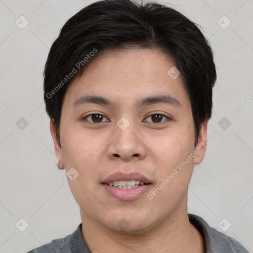 Joyful asian young-adult male with short  brown hair and brown eyes