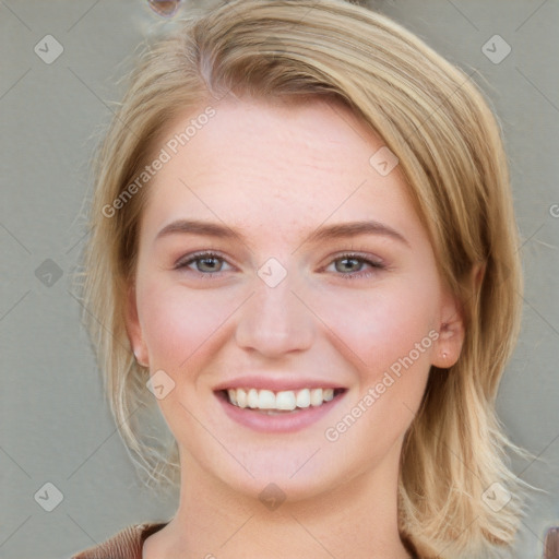 Joyful white young-adult female with medium  brown hair and blue eyes