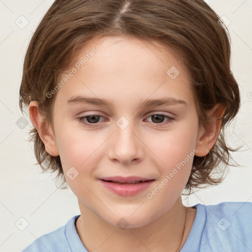 Joyful white child female with medium  brown hair and brown eyes