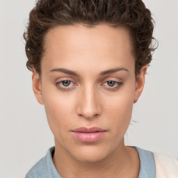 Neutral white young-adult female with short  brown hair and brown eyes