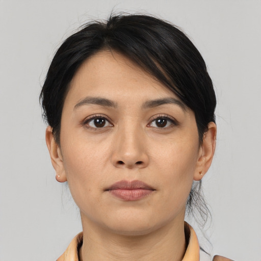 Neutral asian young-adult female with medium  black hair and brown eyes