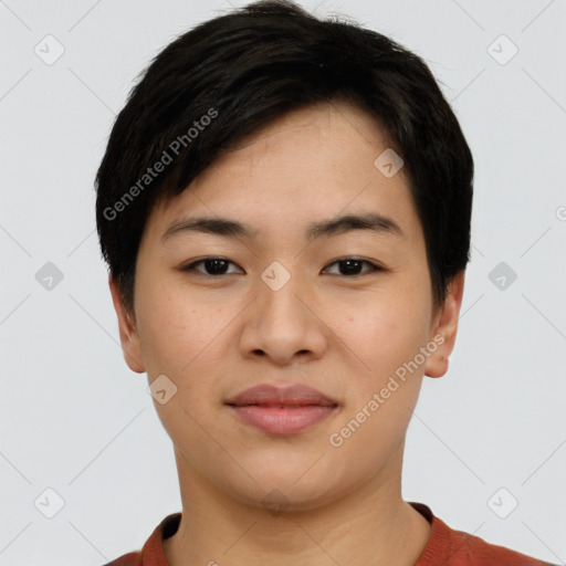 Joyful asian young-adult female with short  black hair and brown eyes