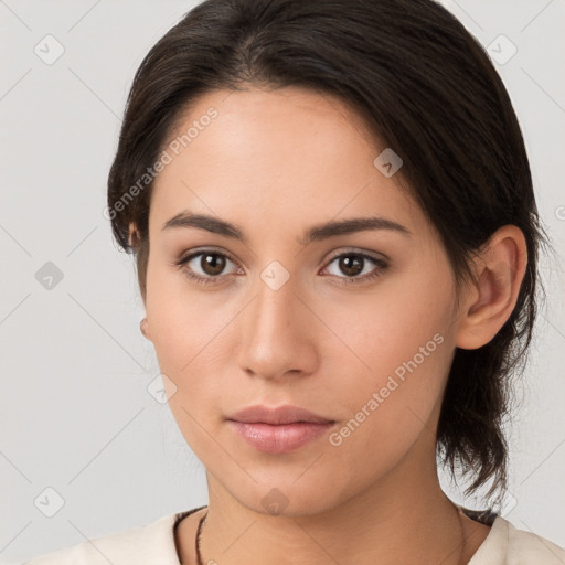 Neutral white young-adult female with medium  brown hair and brown eyes