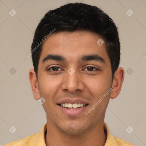 Joyful latino young-adult male with short  black hair and brown eyes