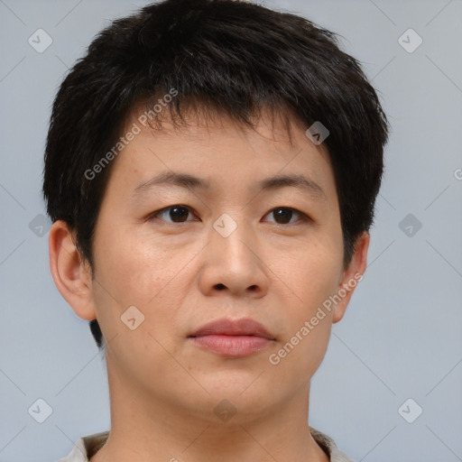 Neutral asian young-adult male with short  brown hair and brown eyes