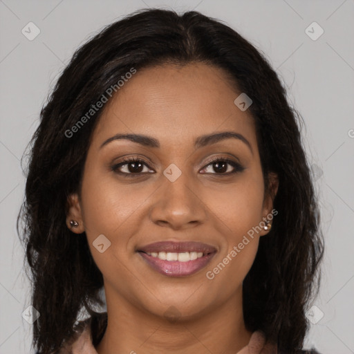 Joyful latino young-adult female with long  brown hair and brown eyes