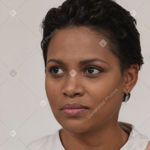 Neutral black young-adult female with short  black hair and brown eyes