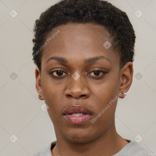 Neutral black young-adult female with short  brown hair and brown eyes