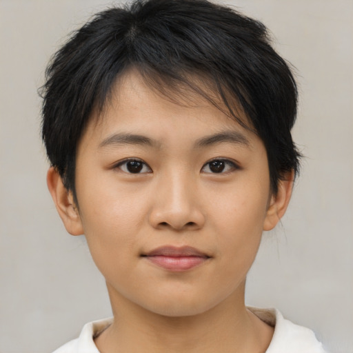 Neutral asian young-adult female with short  brown hair and brown eyes