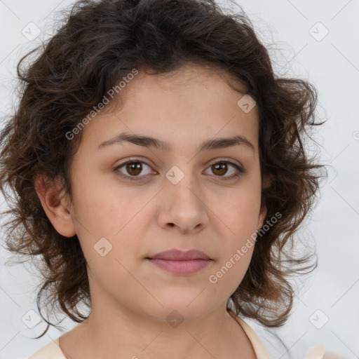 Neutral white young-adult female with medium  brown hair and brown eyes