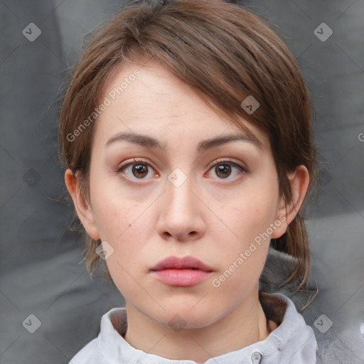 Neutral white young-adult female with medium  brown hair and brown eyes